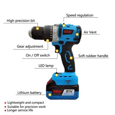 110v 220v Cordless Electric Drill with Variable Speed Motor and Brushed Battery